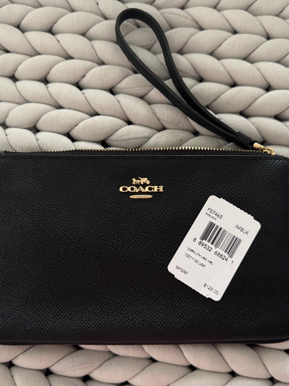 Coach Black Leather Zip Wristlet with Gold Logo